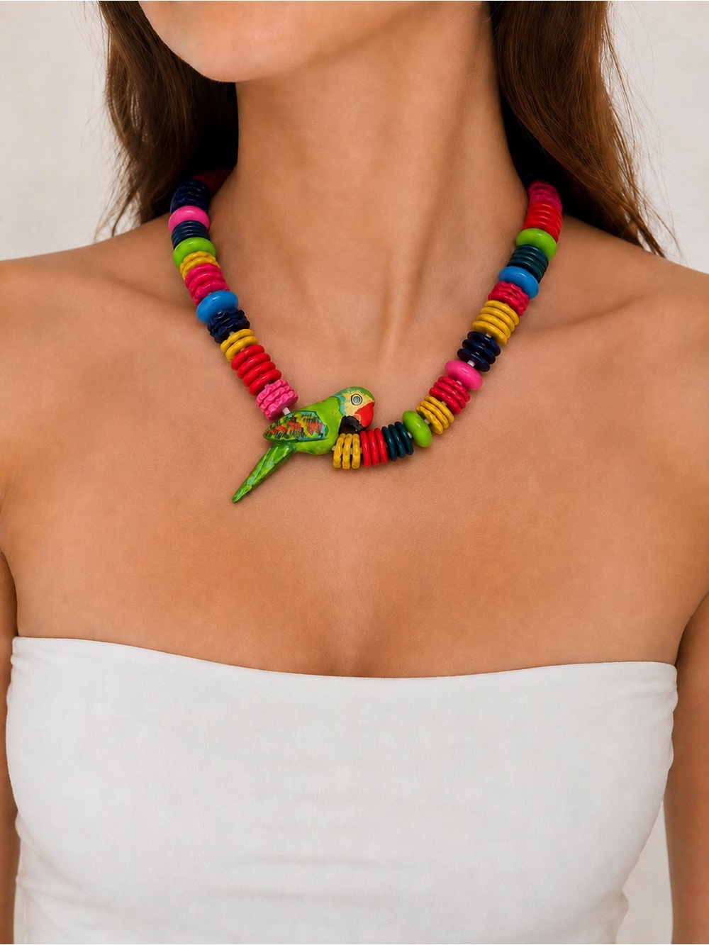 Vintage Hand-Painted Wooden Parrot Beaded Statement Necklace